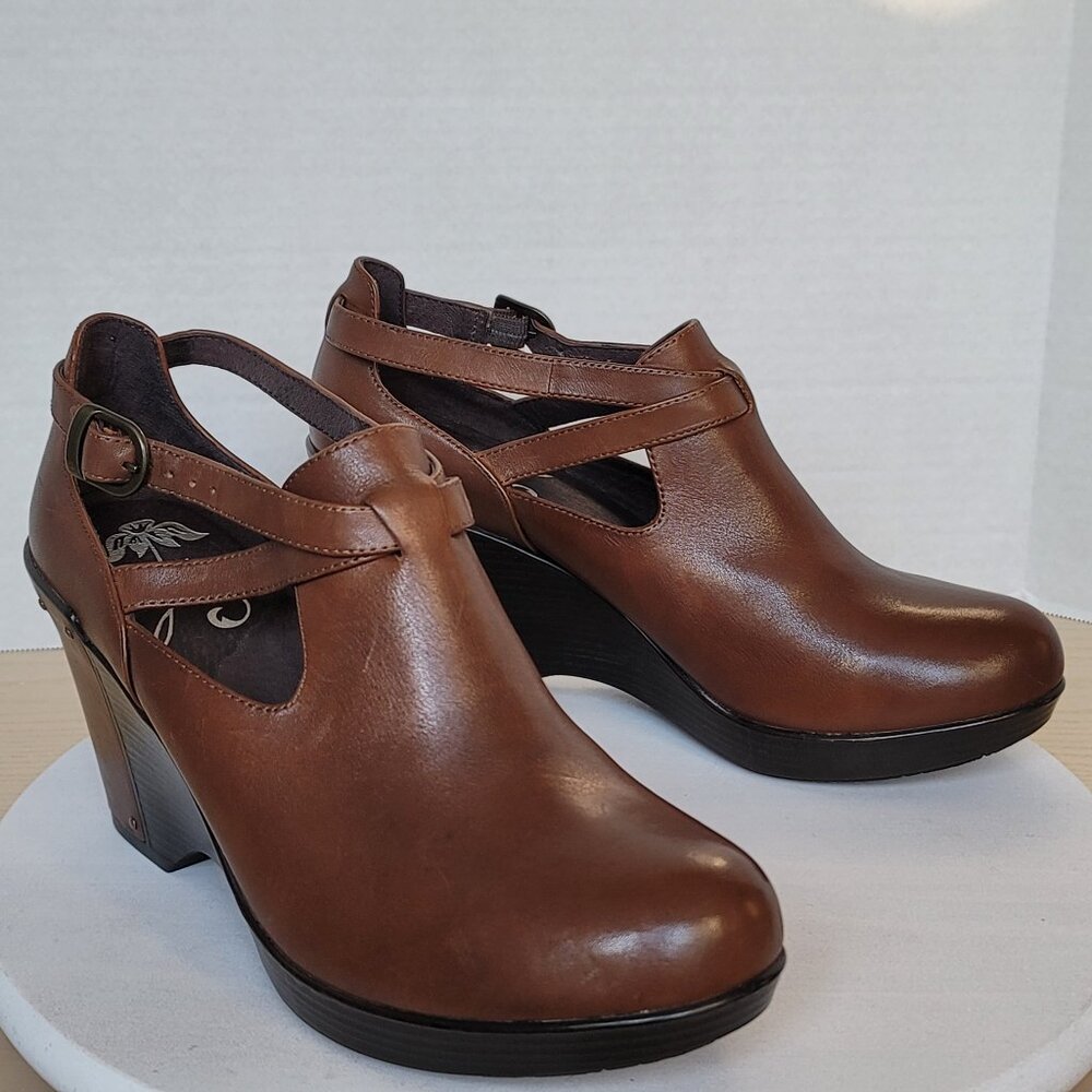 Dansko Franka Antique Cognac Brown Leather Strappy Comfort Wedge Bootie Sz EU 41
